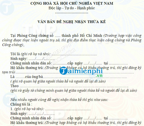 Văn bản đề nghị nhận thừa kế