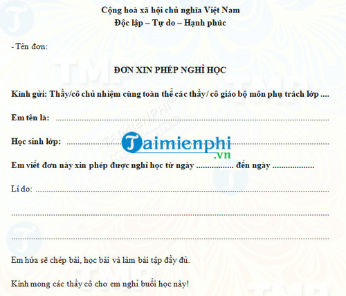 Đơn xin nghỉ học THCS