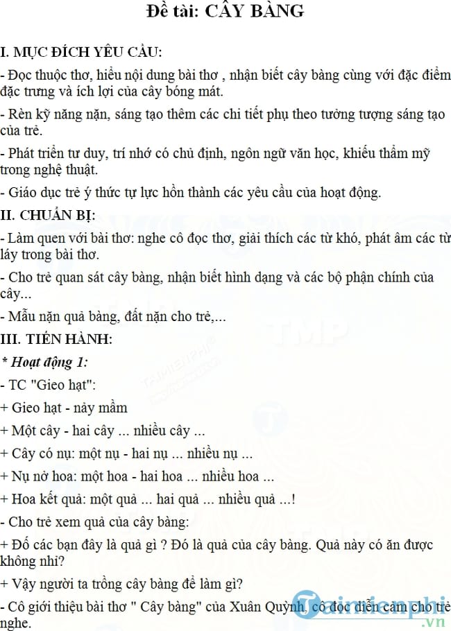 Giáo án mầm non chủ đề Cây bàng