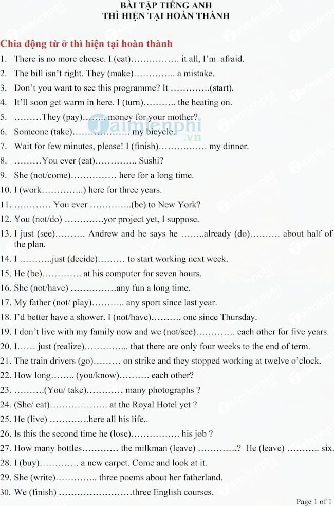 Bài tập Tiếng Anh thì hiện tại hoàn thành