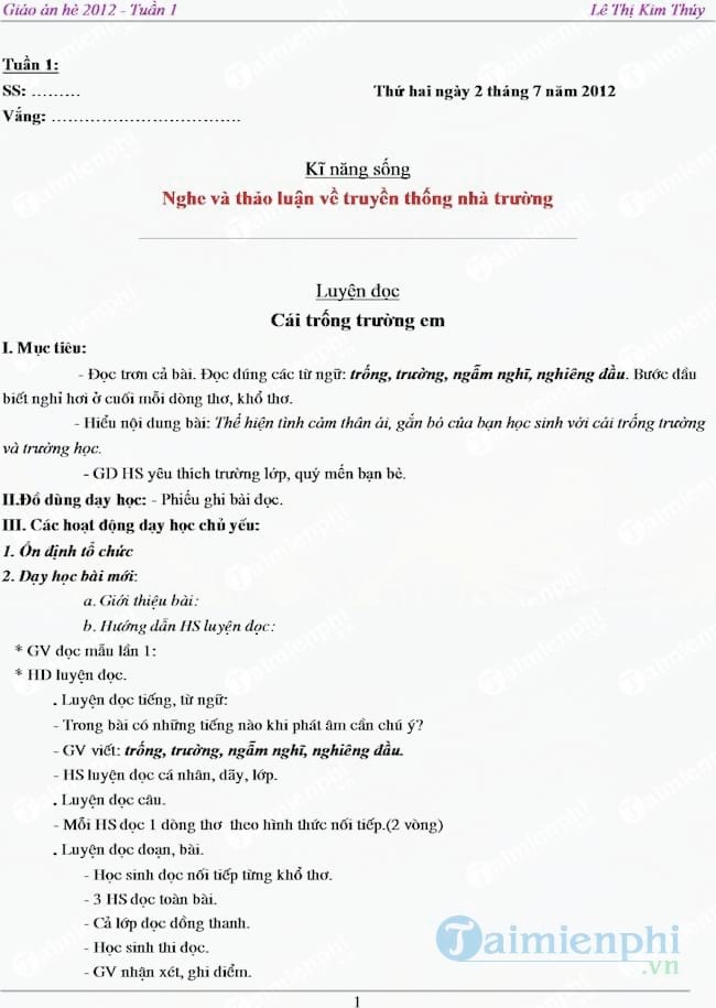 Giáo án dạy hè Lớp 1 lên Lớp 2