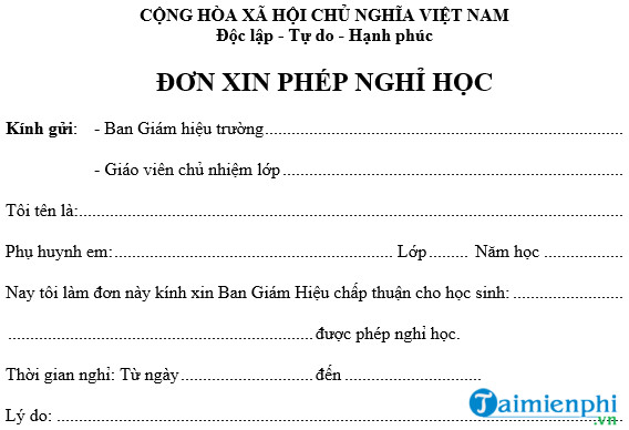 mau don xin phep nghi hoc cap 1