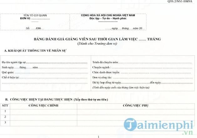 Bảng đánh giá quá trình tập sự của Giáo viên, Giảng viên