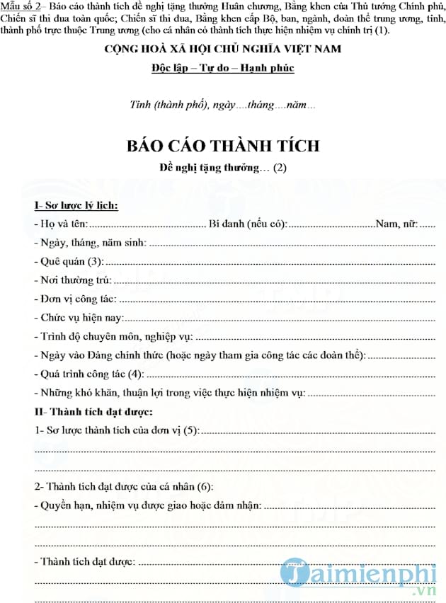 Báo cáo thành tích đề nghị tặng thưởng