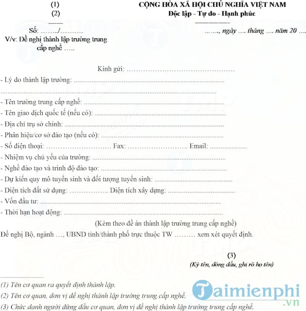 Văn bản đề nghị thành lập trường trung cấp nghề