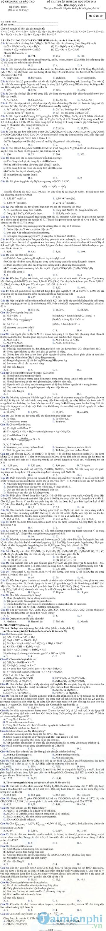 Đề thi và đáp án môn Hóa khối A
