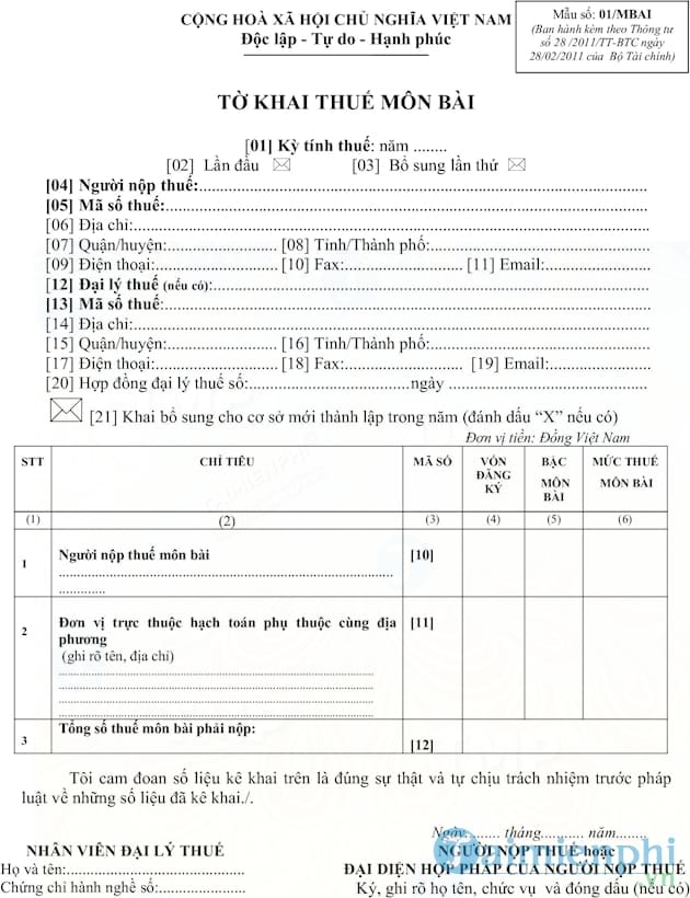 Tờ khai thuế môn bài