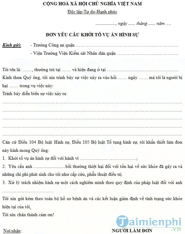 Đơn khởi tố vụ án hình sự