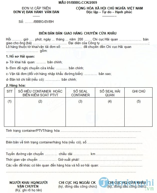 Giấy bàn giao hàng chuyển cửa khẩu