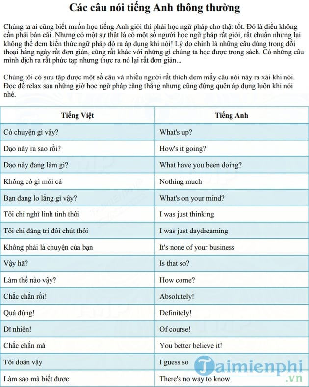 Các câu nói tiếng Anh hằng ngày