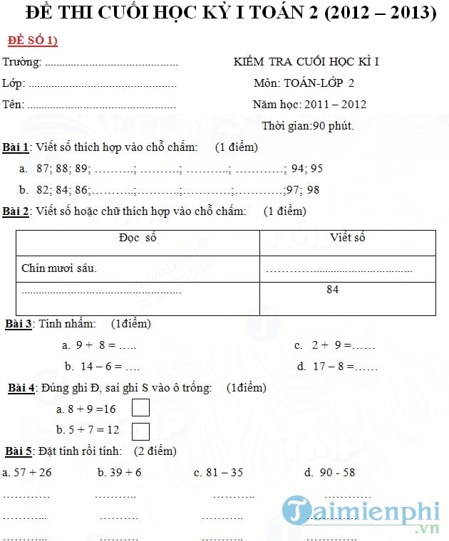 Đề kiểm tra định kì cuối kỳ 1 lớp 2