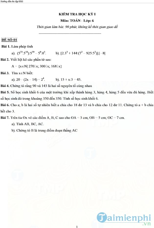 Đề kiểm tra học kỳ lớp 6 môn Toán