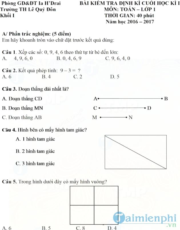 Đề kiểm tra học kì môn Toán lớp 1