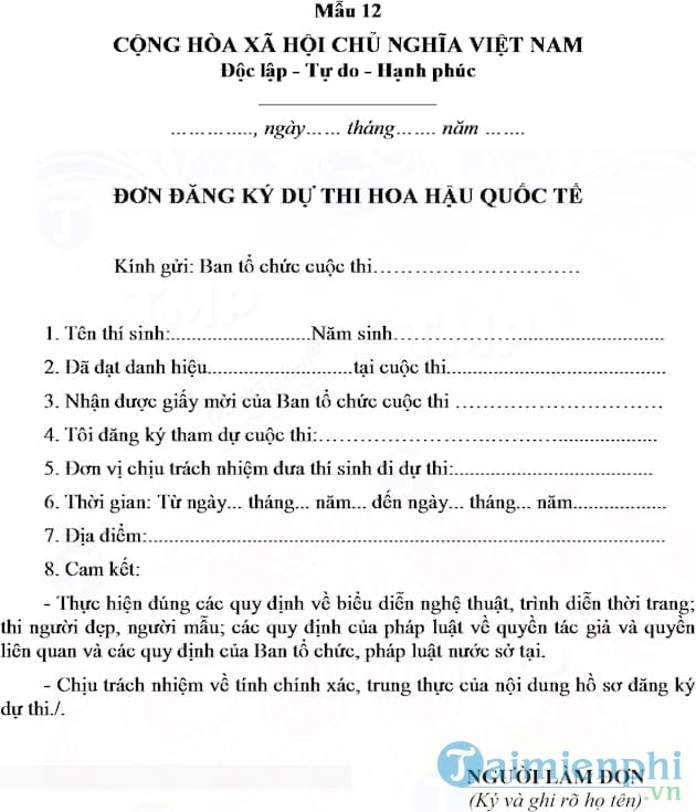 Đơn đăng ký dự thi Hoa hậu quốc tế