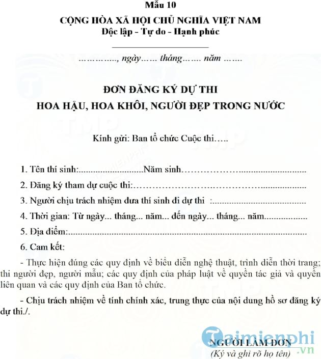 Đơn đăng ký dự thi Hoa hậu, Hoa khôi, Người đẹp trong nước