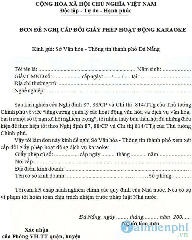 Đơn đề nghị cấp đổi giấy phép hoạt động karaoke