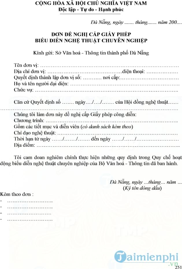 Đơn đề nghị cấp giấy phép biểu diễn nghệ thuật