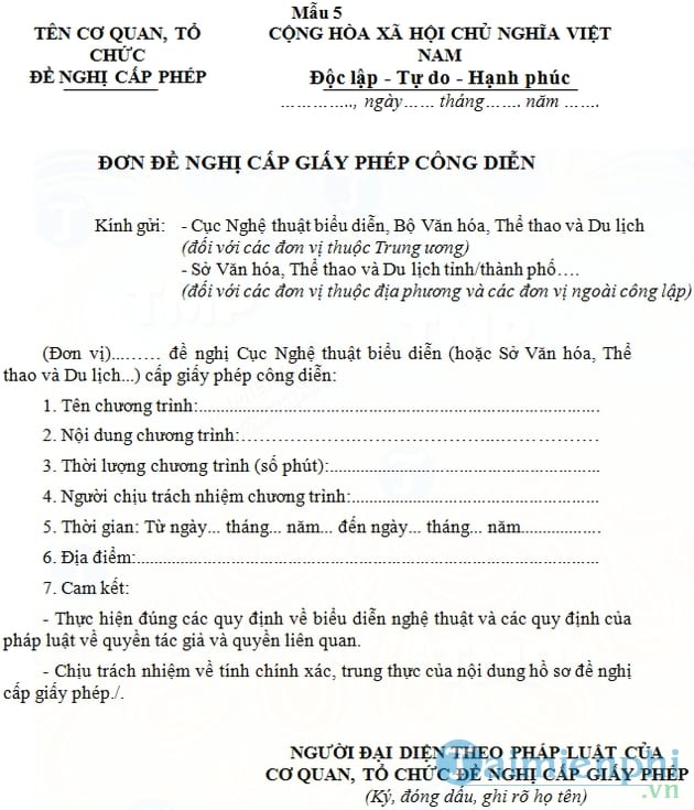 Đơn đề nghị cấp giấy phép công diễn