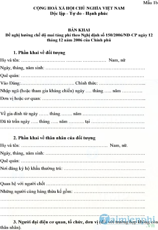 Tờ khai đề nghị hưởng trợ cấp tiền mai táng phí cho thân nhân Cựu chiến binh Việt