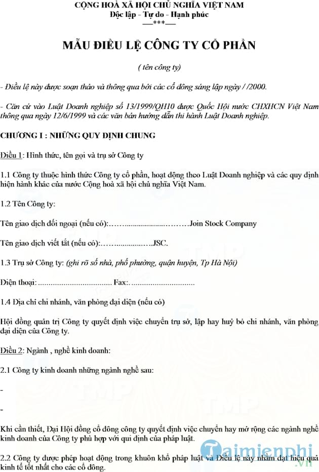Mẫu điều lệ công ty cổ phần