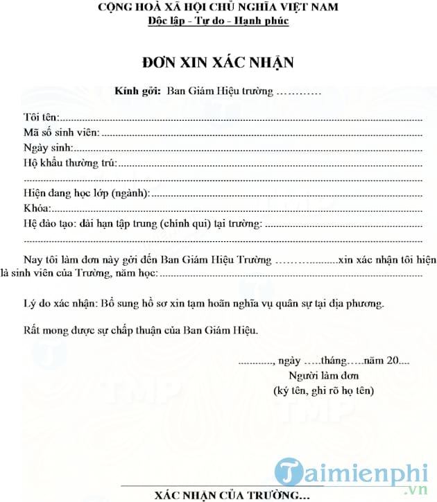 Đơn xin xác nhận tạm hoãn nghĩa vụ quân sự