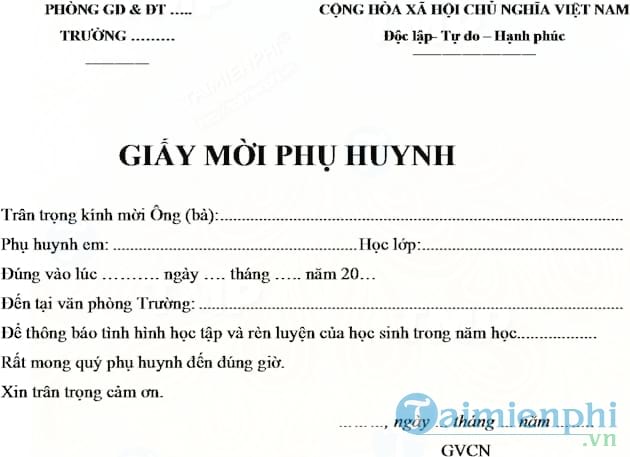 Mẫu giấy mời họp phụ huynh viết sẵn