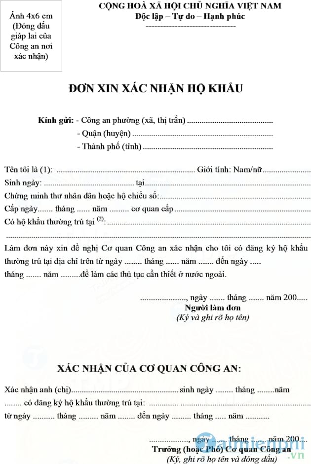 Đơn xin xác nhận hộ khẩu