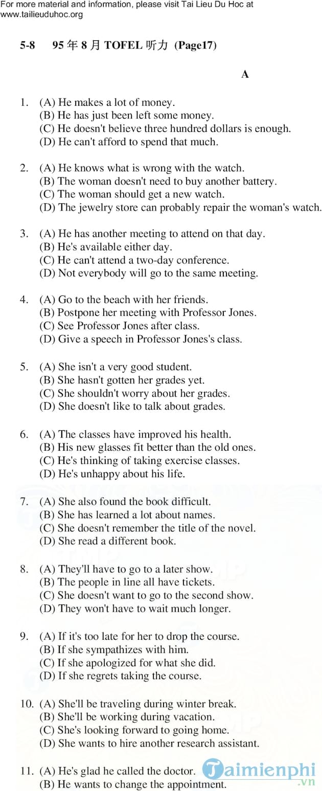 Đề thi TOEFL năm 1995