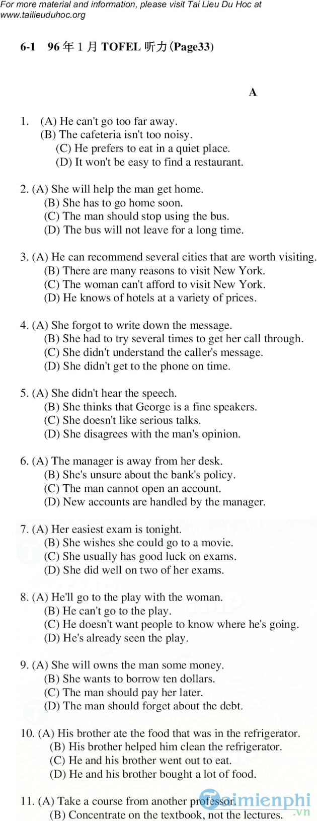 Đề thi TOEFL năm 1996
