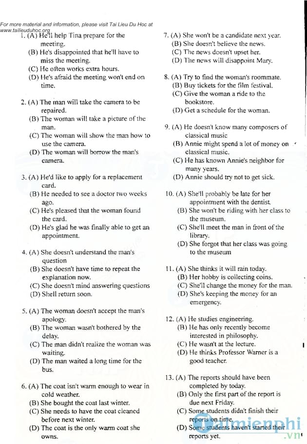 Đề thi TOEFL tháng 08 năm 2001