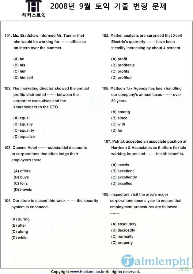 Đề thi TOEIC tháng 09 10 năm 2008