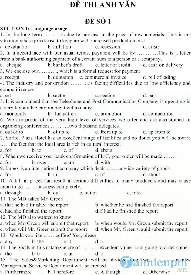 Bộ đề Tiếng Anh chuyên ngành Ngân hàng