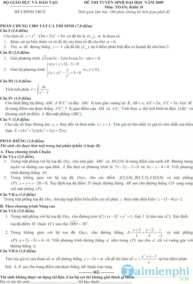 Đề thi và đáp án môn Toán khối D 2009
