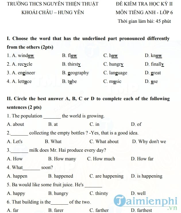 Đề kiểm tra học kì II lớp 6 môn tiếng Anh trường THCS Nguyễn Thiện Thuật Hưng Yên