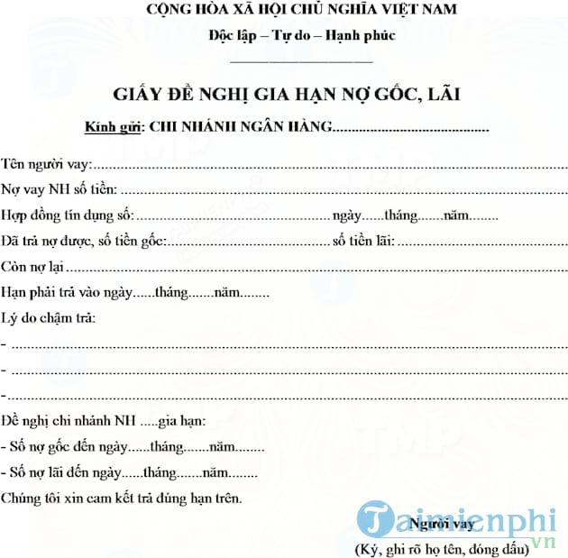 Giấy đề nghị gia hạn nợ gốc lãi