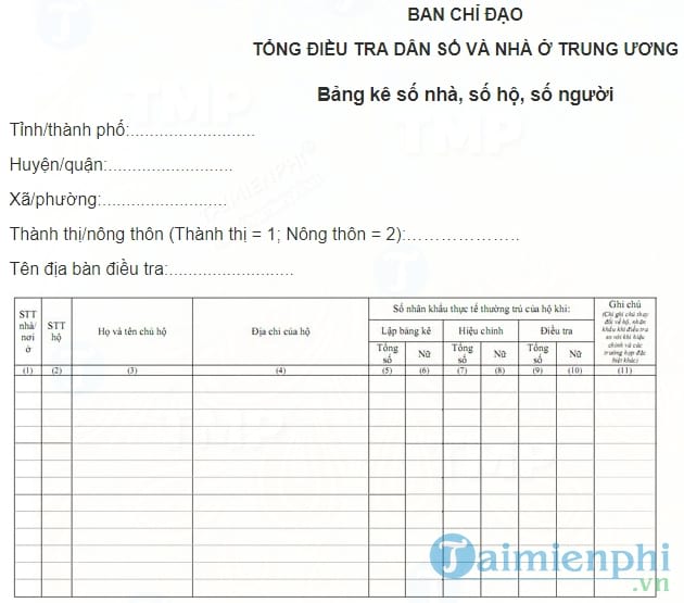Bảng kê số nhà, số hộ, số người