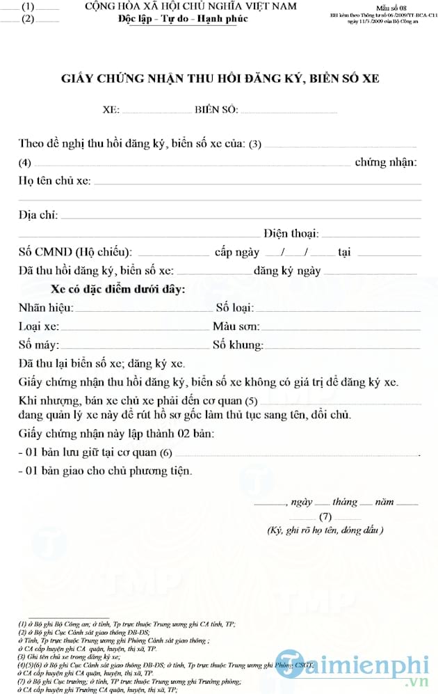 Giấy chứng nhận thu hồi đăng ký, biển số xe