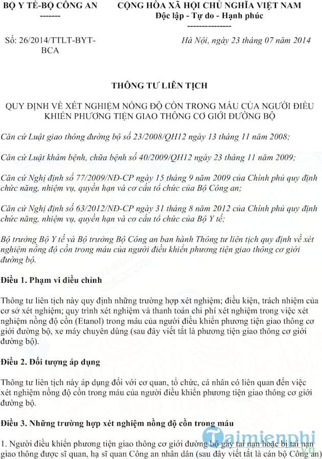 Thông tư liên tịch số 26/2014/TTLT BYT BCA