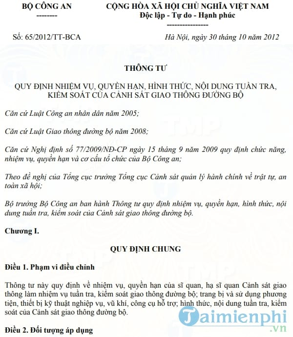 Thông tư quy định nhiệm vụ quyền hạn kiểm soát của cảnh sát giao thông số 65/2012/TT BCA