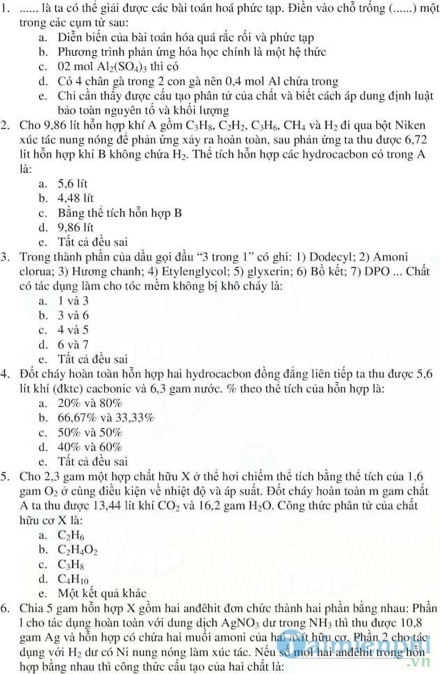 Đáp án và đề thi 300 câu hỏi trắc nghiệm Hóa học