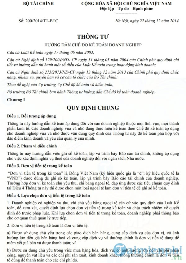 Thông tư về chế độ kế toán doanh nghiệp số 200/2014/TT BTC