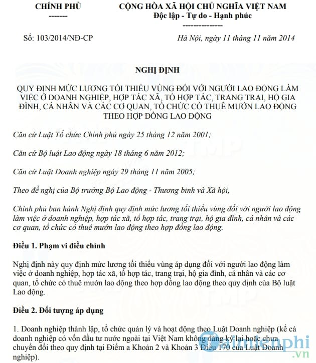 Nghị định quy định mức lương tối thiểu vùng số 103/2014/NĐ CP