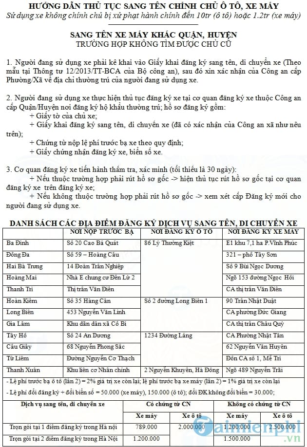 Hướng dẫn thủ tục sang tên chính chủ ô tô, xe máy