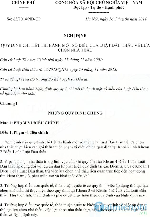 Nghị định hướng dẫn luật đấu thầu số 63/2014/NĐ CP