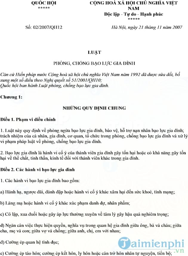 Luật số 02/2007/QH12 quy định về phòng chống bạo lực gia đình