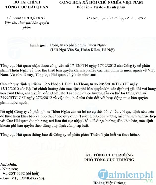 Công văn 7241/2012/TCHQ TXNK