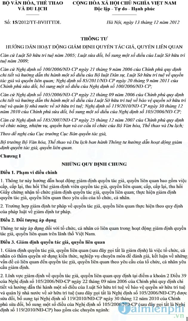 Thông tư 152012TT BVHTTDL