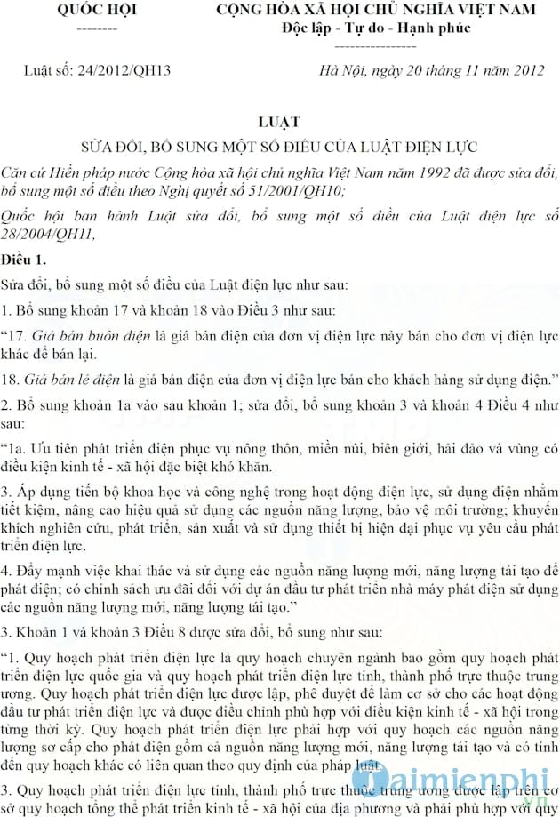 Luật điện lực sửa đổi 2012