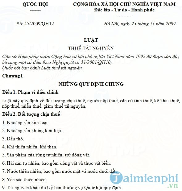 Luật thuế tài nguyên số 45/2009/QH12