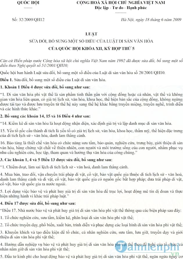 Luật di sản văn hóa số 32/2009/QH12